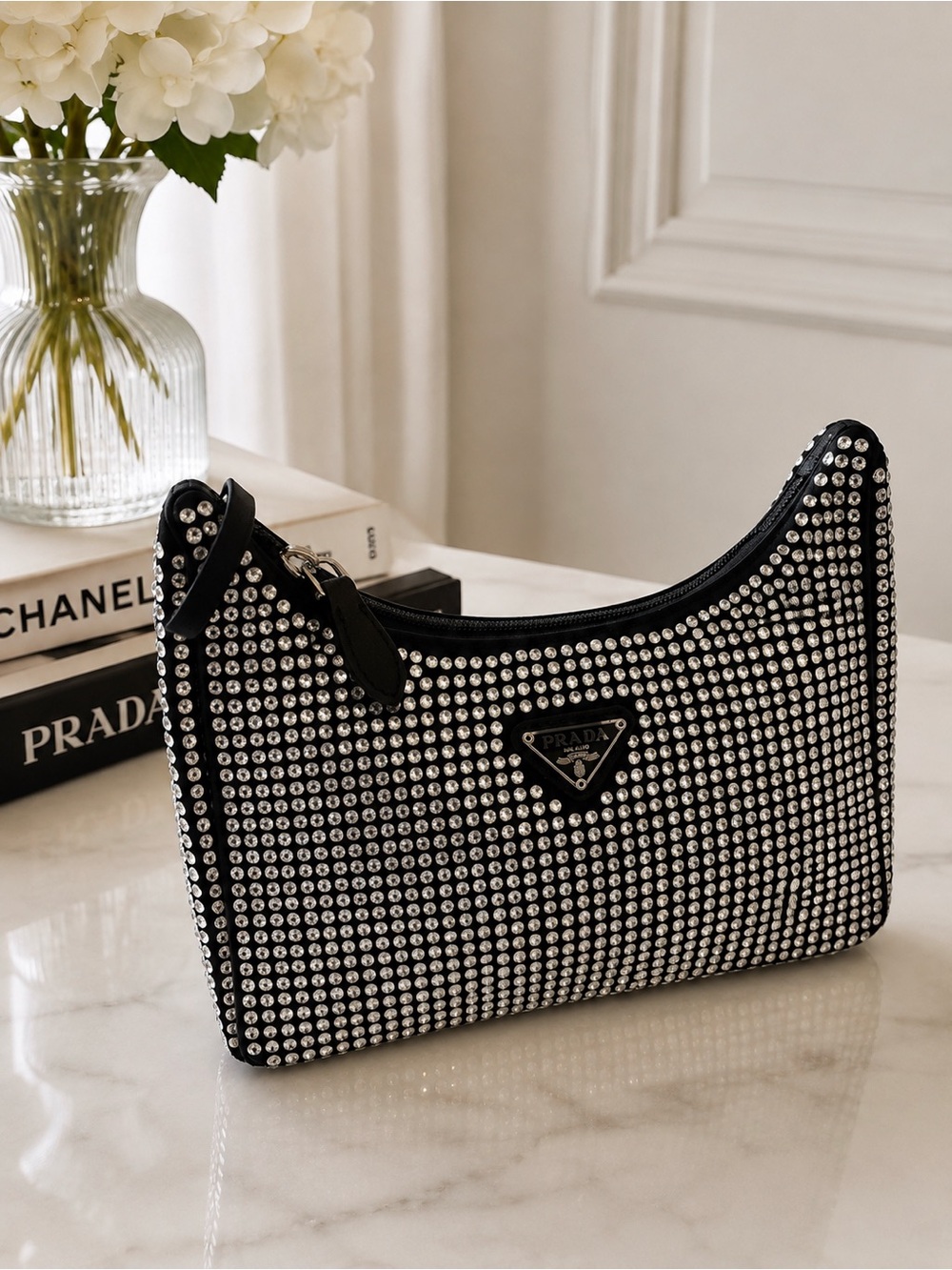 Prada Black Crystal-Studded Mini Shoulder Bag